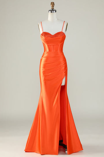 Arancione sirena Spalline sottili lungo corsetto Abito da ballo con fessura